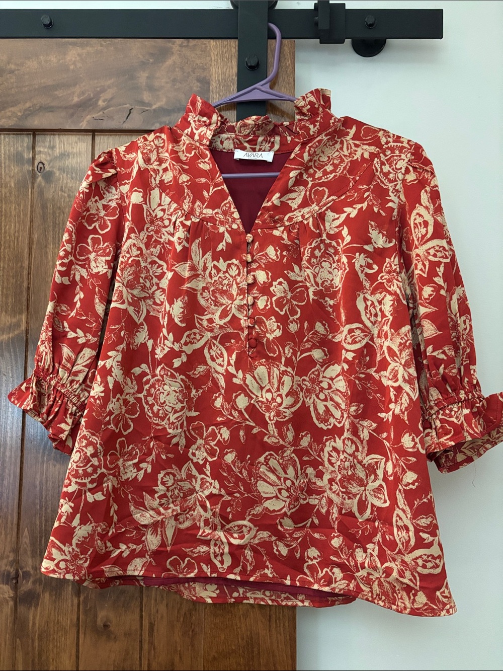 Aventura Red Floral Ruffle-Neck Button Blouse